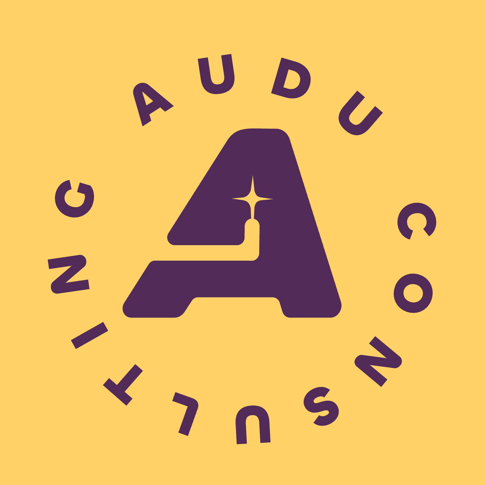Circular AUDU Consulting badge in purple on gold