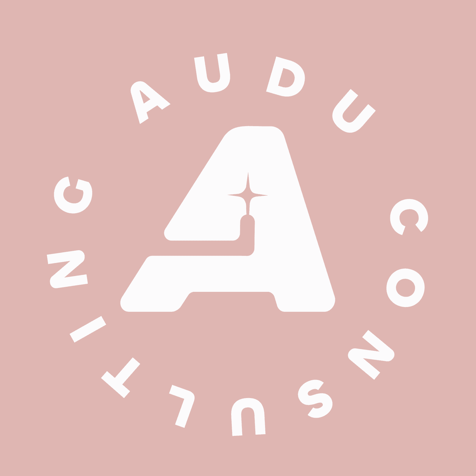 Circular AUDU Consulting badge in white on pink