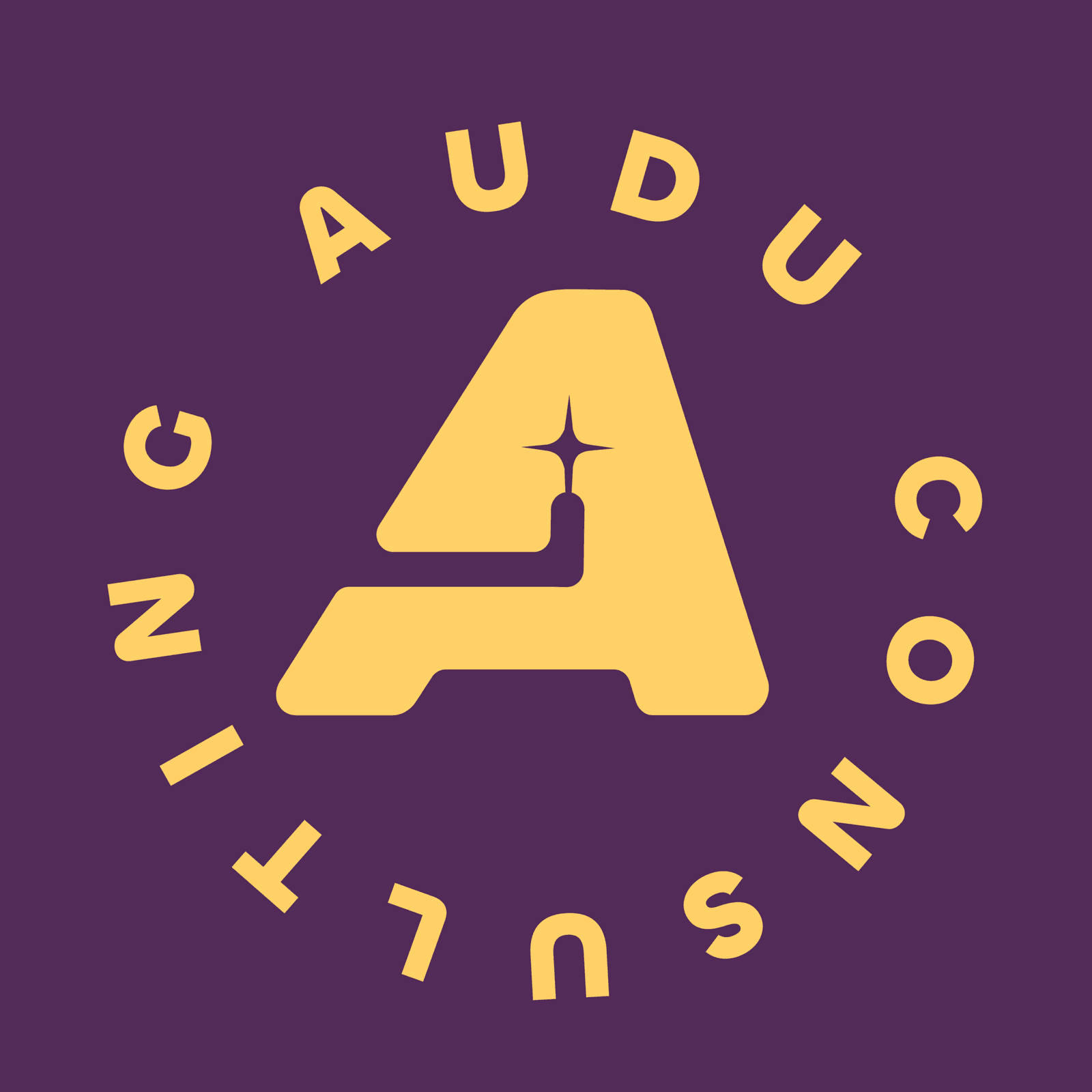 Circular AUDU Consulting badge in gold on purple
