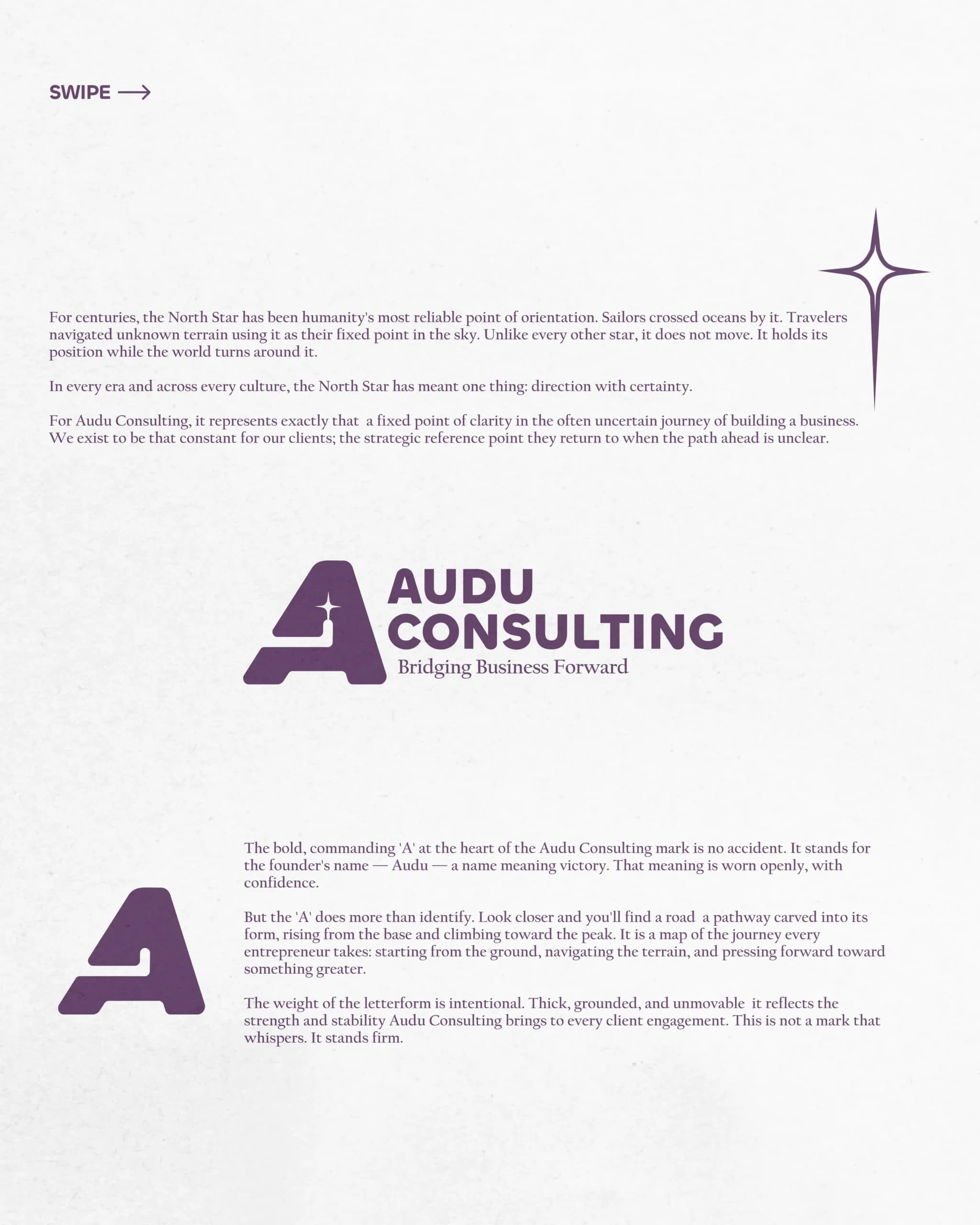 Brand guidelines page explaining the AUDU Consulting logo