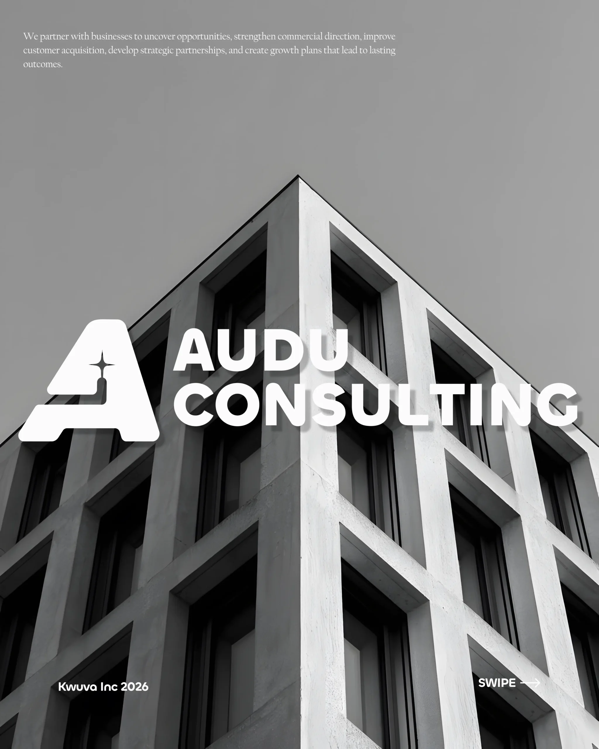 AUDU Consulting logo on the facade of an office building