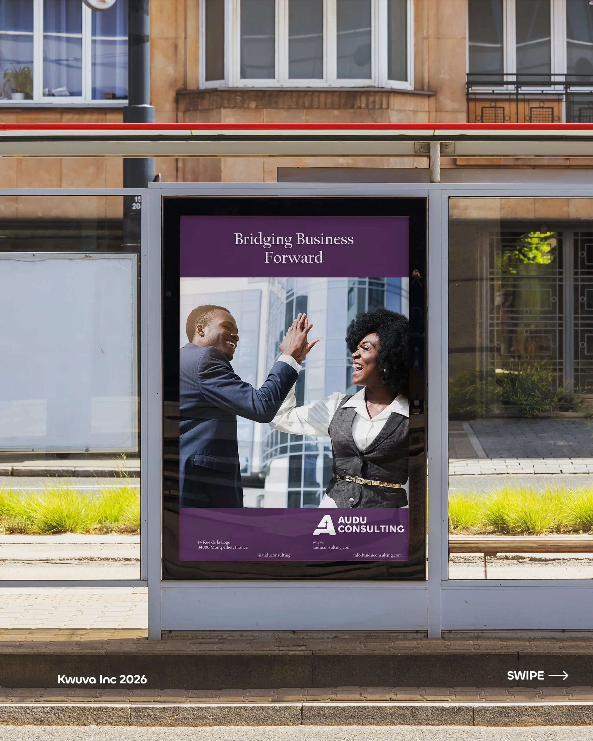 AUDU Consulting poster at a city bus stop