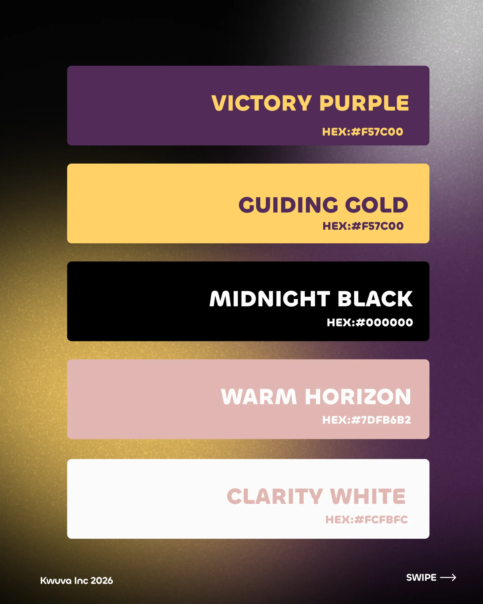 Brand colour palette: Victory Purple, Guiding Gold, Midnight Black, Warm Horizon and Clarity White